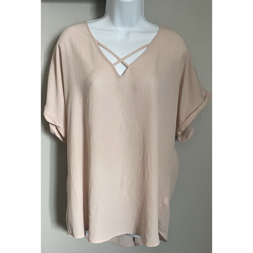 Maurices Blouse Womens XL Pink Cross Neck Short Sleeve Tunic Top Light Flowy